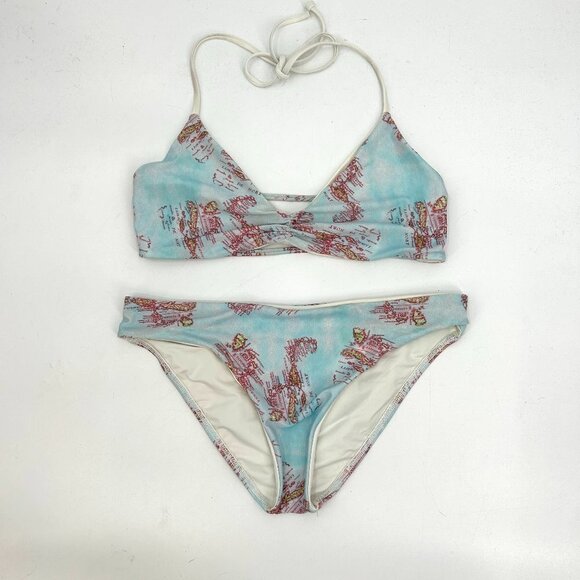 L*SPACE Blue Red White Reversible World Map Bikini Set Size Medium